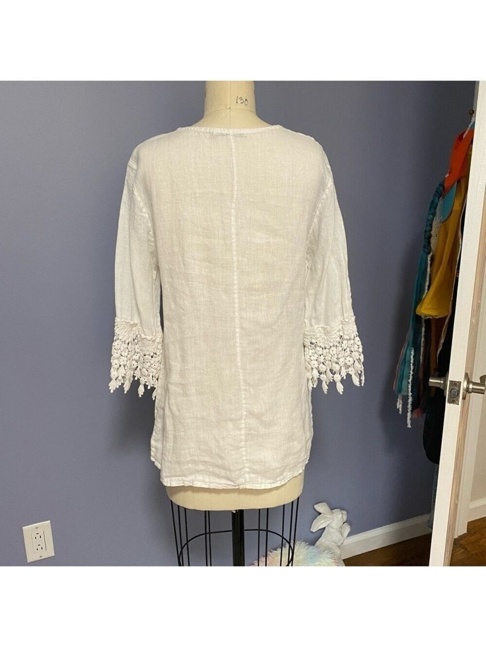 Christine Alexander Linen Boho Crochet Ruffle Bib Blouse Cream Women’s Top med - Picture 6 of 11